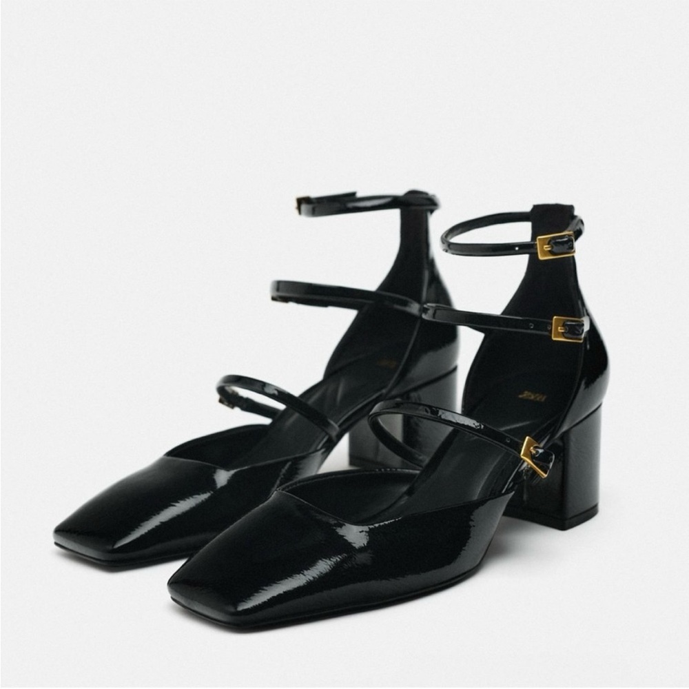 Zara Glossy Black Patent Strappy Heels — Square Toe, Ankle Tie, Size 6 - Picture 5 of 6